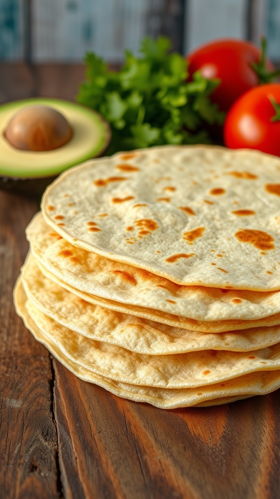 A stack of warm homemade tortillas on a wooden table with fresh ingredients.